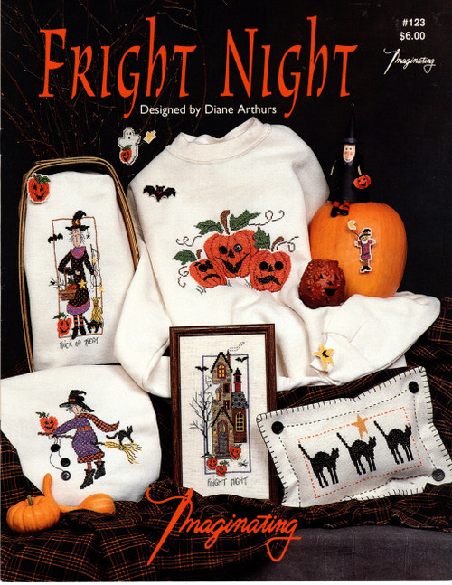 Imaginating Fright Night counted cross stitch booklet. Diane Arthurs. Cat Pillow, Flying Witch Sweatshirt, Trick or Treat Sweatshirt, Fright Night, Pumpkin Sweatshirt, Halloween Pins