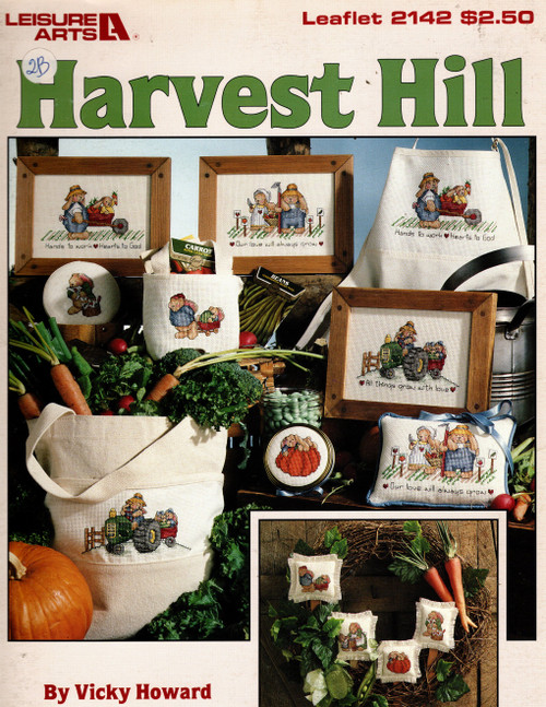 Leisure Arts Harvest Hill counted Cross Stitch Pattern leaflet. Vicky Howard. Hands to Work, Bunny with Seed Packets, Ice Cream, All Things Grow, Bunny and Wagon, Our Love