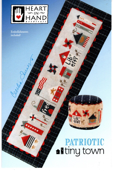 Heart in Hand Patriotic Tiny Town counted cross stitch pattern leaflet with buttons.
