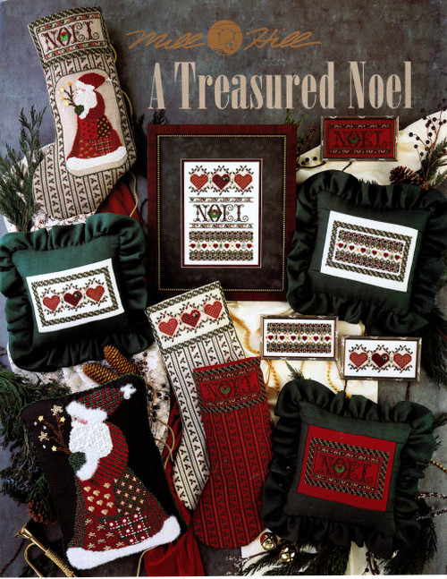 Mill Hill A Treasured Noel counted cross stitch booklet. Free Standing Santa, Topper Band Sampler, Santa Stocking with noel Topper, Holly Stocking with Noel Topper