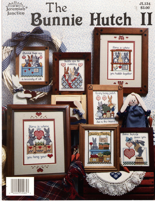 Jeremiah Junction The Bunnie Hutch II counted cross stitch leaflet. Linda Coleman. Some Bunnie Loves You, Every Berry Patch, Country Market, Quilts are for Cuddling, Bunnie Hugs, Huddle Together, Hang Your Heart.