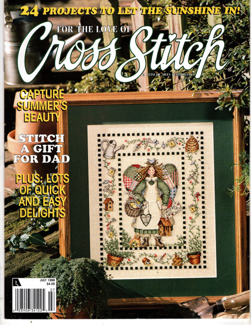 For the Love of Cross Stitch Magazine July 1998 cross stitch magazine. Enchanting Gateway, Let The Sun Shine In Seasonal Band Sampler, Animal Crackers, Bread Basket Blessing, Hickory Heatherfield, Gardening Angel, Save a Place for Wildlife,  Noel, Poinsettia, Father's Day Sampler, Reading Fan Bookmark.