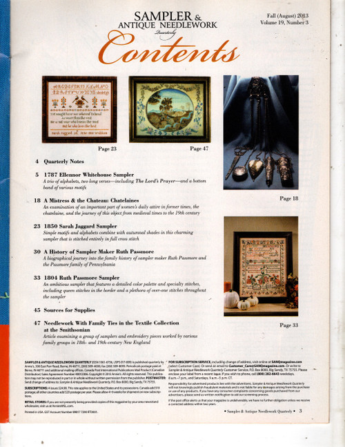 Sampler and Antique Needlework Quarterly Magazine Fall 2013  Volume 19 Number 3 cross stitch magazine