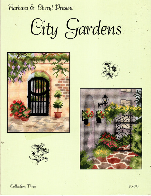Barbara & Cheryl City Gardens counted cross stitch pattern leaflet. Collection Three. Arched gate on Stucco Wall, Courtyard with Gate