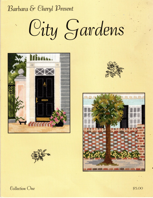 Barbara & Cheryl City Gardens counted cross stitch pattern leaflet. Collection One.  Doorway with Column, Brick Fence