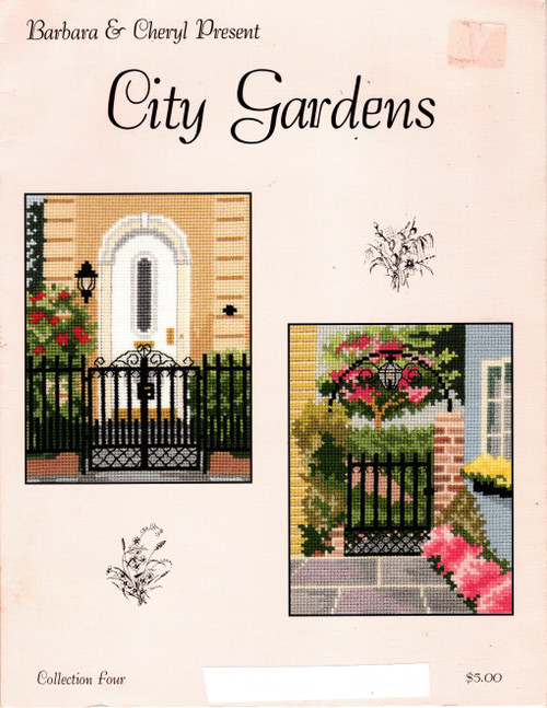 Barbara & Cheryl City Gardens counted cross stitch pattern leaflet. Collection Four. Arched Door, Gate with Lantern.