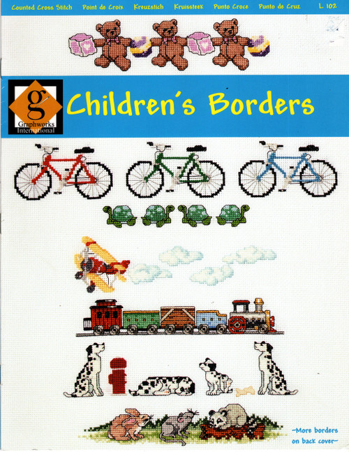 Graphworks International Children's Borders counted cross stitch pattern leaflet. Bears, Bicycles, Dalmation and Fire Hydrant, Train, Biplane, Turtles, Puppy Dogs, Circus Train, Bears Butterflies and Bubbles, Kites, Elephants, Zebra Lion, Elephant