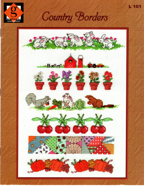 Graphworks International Country Borders counted cross stitch pattern leaflet. Bunny Rabbits, Barn and Silo, Flower Pots, Cherries, Rabbit Squirrel Carrot, Patchwork, Pumpkins and Leaves, Cow Barn and Silo, Cat and Spilled Milk, Rooster Pig and Duck, Chickens, Cows, Pigs, Chicks