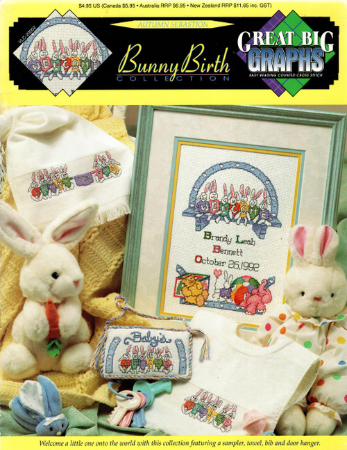 True Colors Bunny Birth Collection Counted Cross Stitch Pattern booklet. Autumn Sebastion. Sampler, Towel, Bib, Door Hanger