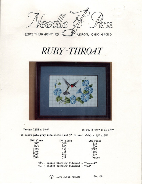Needles & Pen Ruby Throat counted cross stitch pattern chartpack. Joyce Feucht