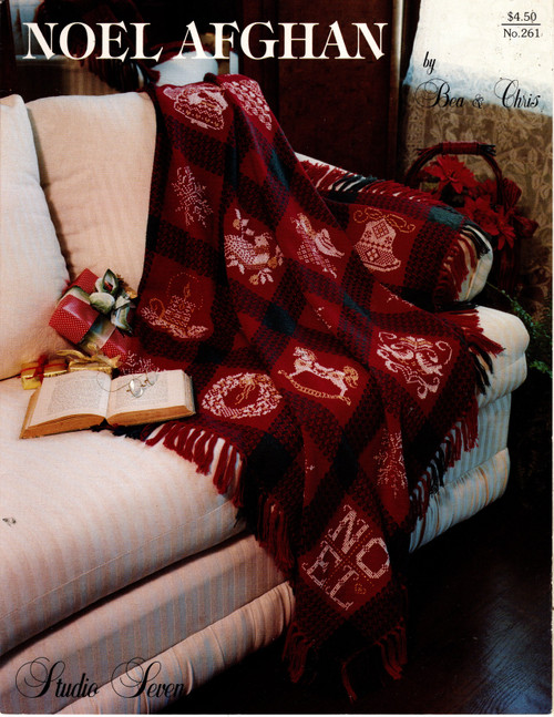 Studio Seven Noel Afghan counted cross stitch pattern leaflet. Bea & Chris. Snowflake, Christmas Bell, Christmas Tree, Santa Claus, Angel with Trumpet, Partridge in a Pear Tree, Doves, Candle, Christmas Wreath, Rocking Horse, Noel