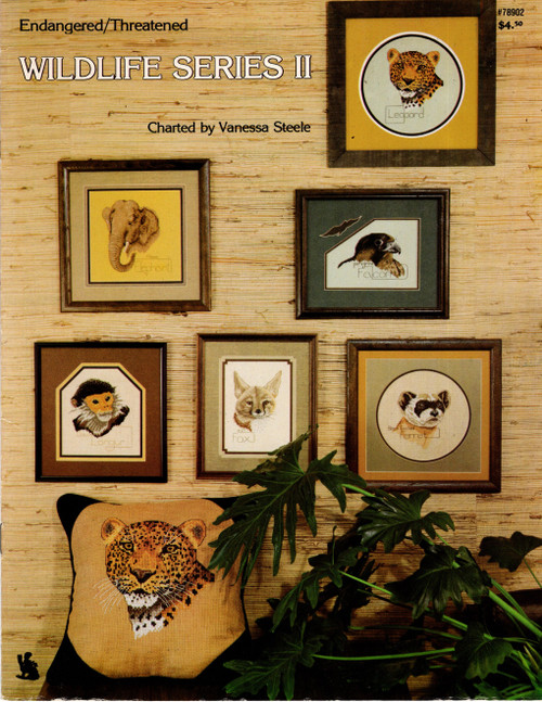 Vanessa Steele Wildlife Series II Endangered/Threatened Counted Cross Stitch Pattern booklet. Black Footed Ferret, Leopard, Douc Langur, Asian Elephant, Peregrine Falcon, Kit Fox