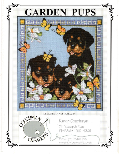 Couchman Creations Garden Pups counted Cross Stitch Pattern leaflet. Karen Couchman