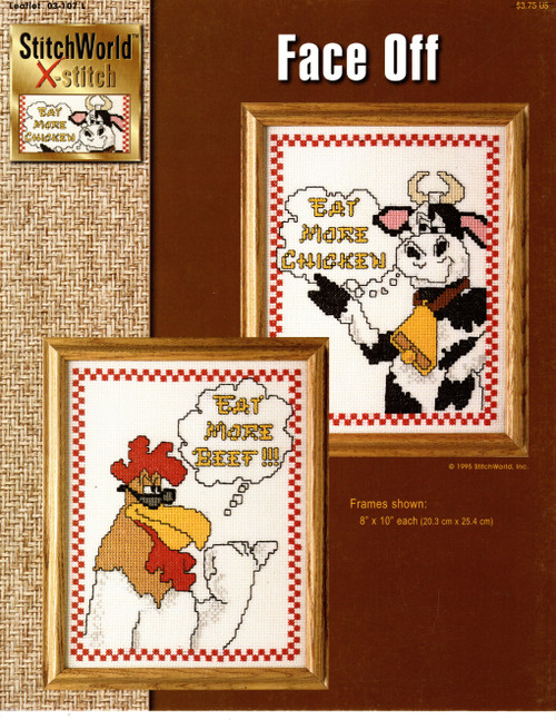 StitchWorld Face Off cross stitch leaflet. Eat More Chicken, Eat More Beef