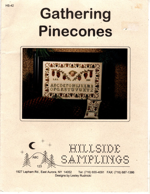 Hillside Samplings Gathering Pinecones counted cross stitch leaflet. Gathering Pinecones Sampler, Pinecone Pincushion