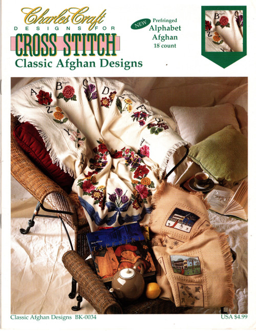 Charles Craft Classic Afghan Designs counted cross stitch pattern booklet. Autumn, Winter, Spring, Summer, Floral Afghan
