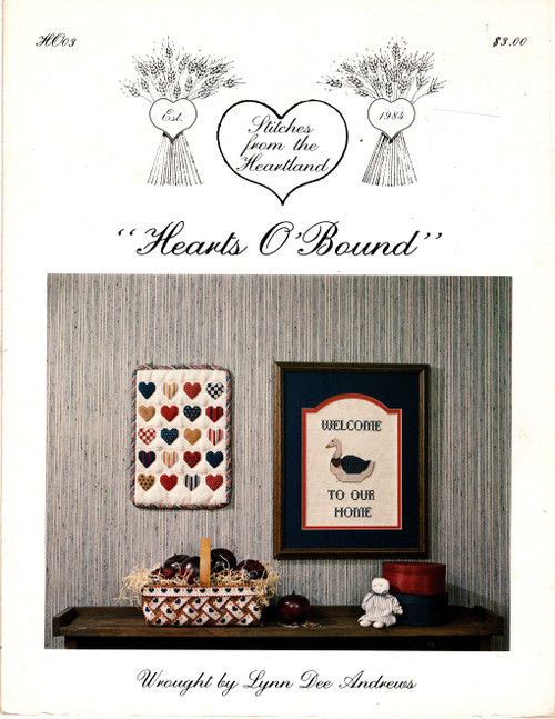 Stitches from the Heartland Hearts O'Bound counted cross stitch leaflet. Lynn Dee Andrews. Ribbon Basket, Calico Hearts Doll Blanket, Pin Dot Welcome Goose
