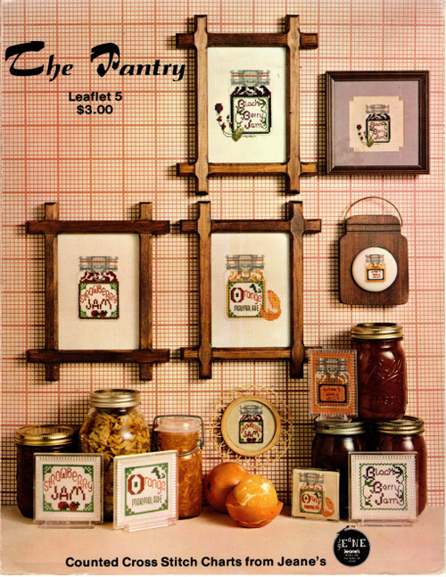 Jeane's The Pantry counted cross stitch leaflet. Blackberry Jam, Orange Marmalade, Strawberry Jam, A Gift From Your Kitchen.