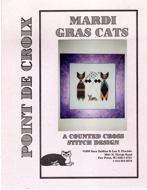 Point de Croix Mardi Gras Cats counted cross stitch leaflet.  Sara Zaidins and Lea Z Picciolo