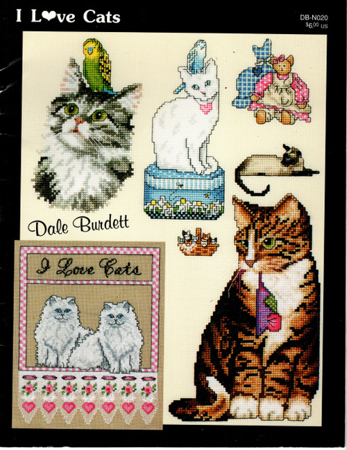 Jeanette Crews I Love Cats counted cross stitch booklet. Dale Burdett. I Love Cats, Tabby Cat, Basket of Kittens, Siamese Cat, Cat with Toy Mouse, Cat with Parakeet, Cat Border, I Love Amish Quilts and I love Cats, Black and White Cat, Cat Doll, Cat Doll with Cat Pillow, Quilted Cat Pillow, Cat on Hatbox