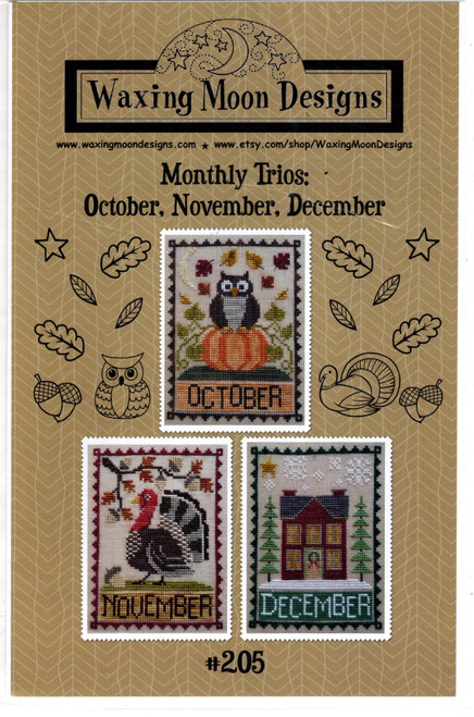 Waxing Moon Monthly Trios October, November, December Counted cross stitch chartpack