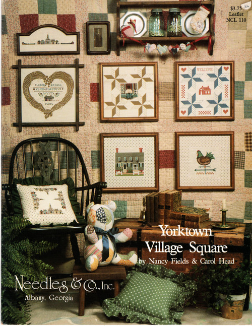 Needles & Co. Yorktown Village Square counted cross stitch pattern leaflet. Nancy Fields and Carol Head. Heart Sampler, Yorktown Heart, Tavern, Village, Chicken Weathervane, Welcome House, Black Man on Yorktown quilt