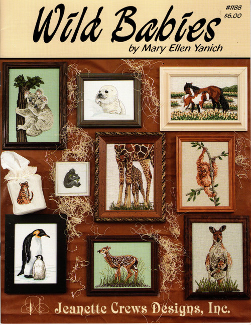 Jeanette Crews Designs Wild Babies Counted Cross Stitch Pattern booklet. Mary Ellen Yanich. Tiger Cub, Fawn, Penguins, Baby Harp Seal, Mother and Child, Wallabies, Giraffes, Koalas, Orangutan, Gorilla