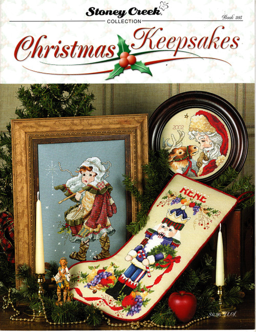 Stoney Creek Christmas Keepsakes Counted cross stitch pattern booklet. Nutcracker Stocking, Santa and Friend Santa Plate 2002, Little Drummer Boy, Joyous Christmas Antique Postcard, O Holy Night