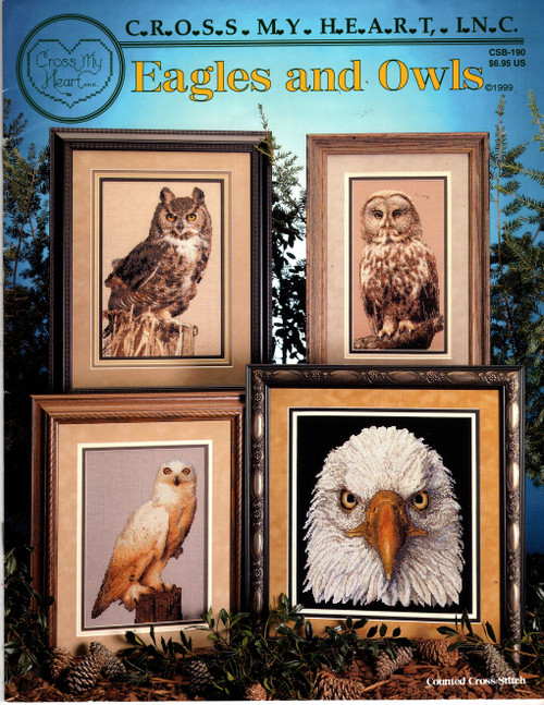 Cross My Heart Eagles and Owls counted cross stitch booklet. Bald Eagle, Golden Eagle, Great Gray Owl, Great Horned Owl, Snowy Owl