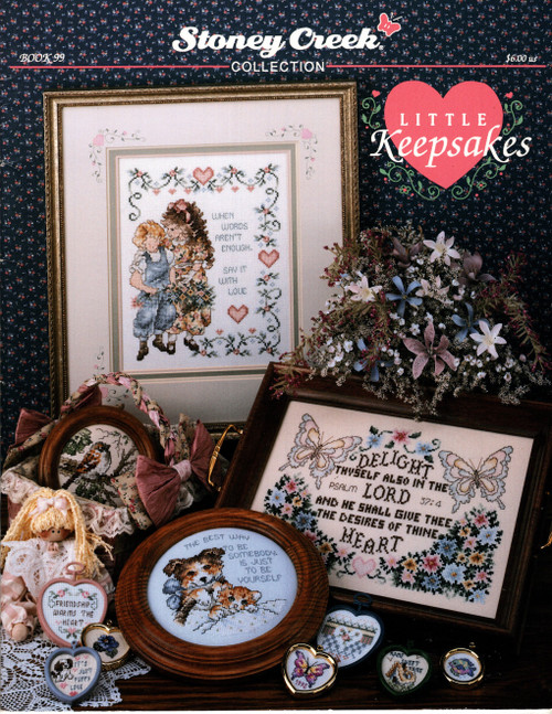 Stoney Creek Little Keepsakes Counted cross stitch pattern booklet. Say It With Love, Morning Glories, Floral Motif, Heart Motif, Things, Glasses, My Scissors, Be Yourself, House Sparrow, Desires of the Heart, Friendship, USA, Rosebud Heart, Fish, Cherries, Puppy Love, Cat Eyes, Butterfly, Little Duck, Call Me, Pansy, Home Sweet Home, Little Heart Border, English Cottage, Pillow Bouquet, Rose in Pastel Peach
