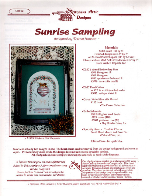 Stitchers Attic Designs Sunrise Sampling counted cross stitch chartpack. Teresa Hanson
