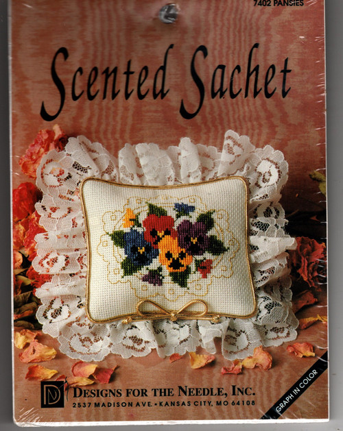 Designs for the Needle Pansies Scented Sachet counted cross stitch kit 7402. Lois Thompson