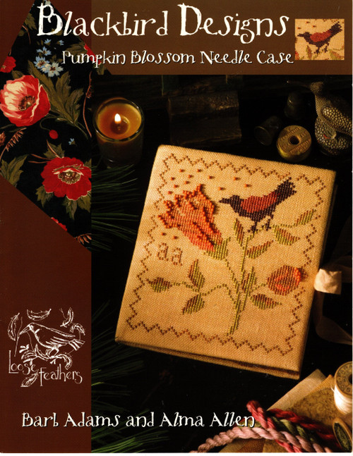 Blackbird Designs Pumpkin Blossom Needle Case Counted Cross Stitch Pattern leaflet. Loose Feathers 4. Barb Adams and Alma Allen. Stitch count 67w x 73h. Included is R & R Reproductions Overdyed 28 ct Harvest Blend linen 18" x 13"