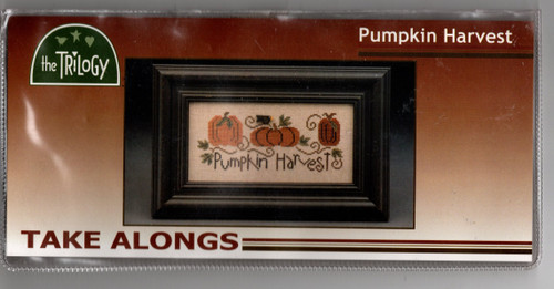 The Trilogy Pumpkin Harvest counted cross stitch pattern kit. Take Along. Ruth Sparrow, Cecilia Turner, Marsha Worley and Elizabeth Newlin. Kit includes fabric, threads, chart, button and needle