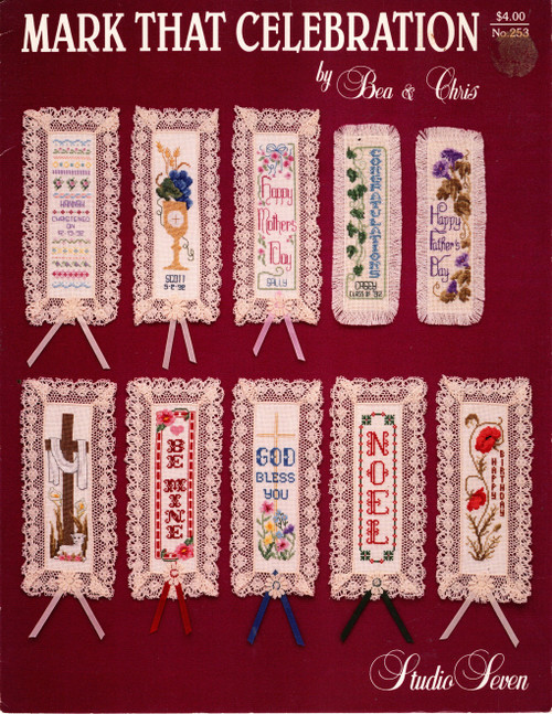 Studio Seven Mark That Celebration counted cross stitch pattern leaflet. Bea & Chris. Communion, Christening, Be Mine, God Bless, Graduation, Mother's Day, Father's Day, Easter, Noel, Birthday