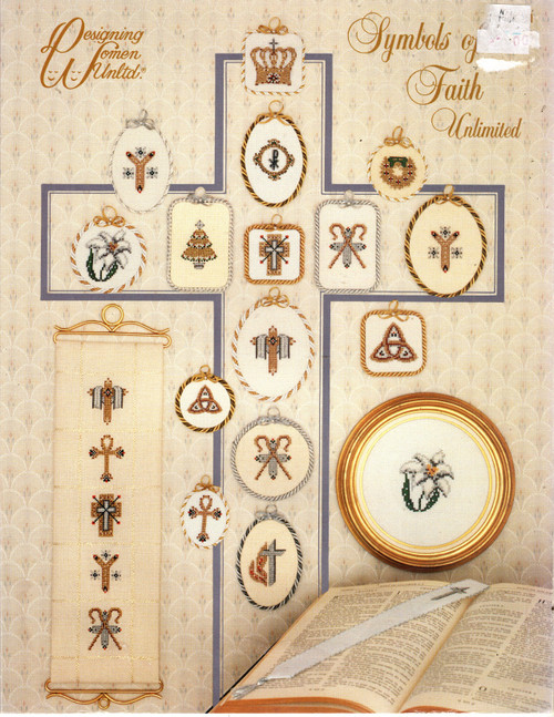 Designing Women Unltd Symbols of Faith Unlimited counted cross stitch and needlepoint leaflet. Christmas Tree, Wreath Eternity, Ankh Egyptian Cross, Draped Passion Cross, Cross and Shepherd Staffs, Fimbriated Latin Cross, Pall Cross Rising Prayer, Cross and Flame, Florentine Medallion and Chi Rho, Triquetra Trinity Symbol, Lily Easter, Crown Christ's Kingship Designing Women Unltd Symbols of Faith Unlimited counted cross stitch and needlepoint leaflet. Christmas Tree, Wreath Eternity, Ankh Egyptian Cross, Draped Passion Cross, Cross and Shepherd Staffs, Fimbriated Latin Cross, Pall Cross Rising Prayer, Cross and Flame, Florentine Medallion and Chi Rho, Triquetra Trinity Symbol, Lily Easter, Crown Christ's Kingship