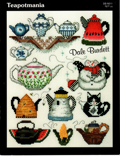 Dale Burdett Teapotmania counted cross stitch booklet. Dale Burdett. Butterfly Teapot, Beehive Teapot, Mini Bee Teapot, Flow Blue China Teapots, Mini Rosebud Teapot, Pink Rose Teapot, Floral China Teapot, China Pink Tulip Teapot, Goose Teapot, Rose Flow Blue Teapot, Pink Roses China Teapot, Lighthouse Teapot, Fish Teapot, Snowman Teapot, Heart Teapot, Barn Teapot, Antique Teapot, Red Roses Teapot, Corn Teapot, Black Floral Teapot, Cast Iron Teapot, Watermelon Teapot, Cat Teapot, Noah's Ark Teapot, Teapot of Daisies, Daisy and Bee Teapot