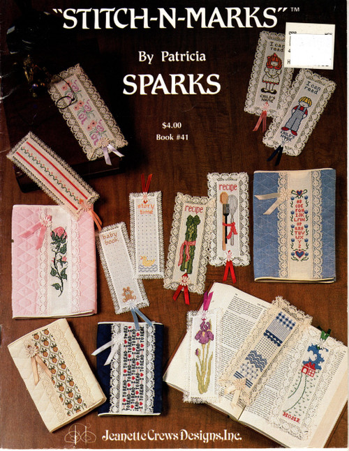 Jeanette Crews Stitch-N-Marks counted cross stitch booklet. Patricia Sparks. I Love to Read, Pineapple, Iris, Story Time, Monogram, Baby Book, My Book, Rose, Ex Libras, Daisy, Ribbon, Diamond Repeat, Patchwork, Tulip, Home, Recipe, Reading Rainbow, Bouquets, Floral Repeat, Recipe Asparagus, I Can Read Boy, I can Read Girl, Her Book Sampler, Plaid, Alphabet Sampler