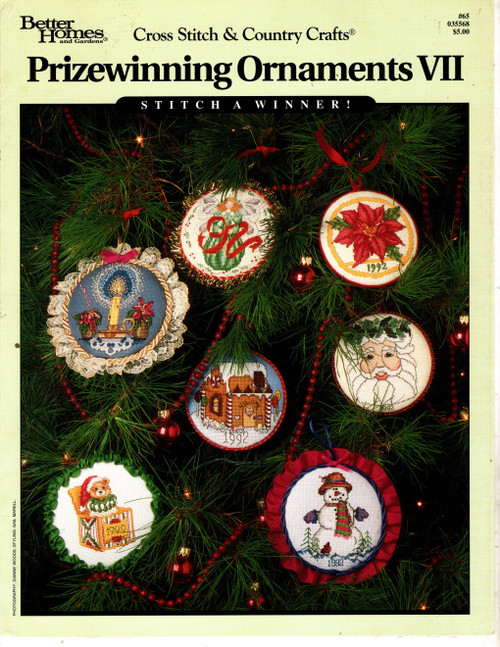 BH&G Cross Stitch & Country Crafts Prizewinning Ornaments VII Counted Cross Stitch Pattern leaflet. Christmas Sprite, Bear in the Box, Jolly Snowman, Holiday Candle, Beaded Poinsettia, Victorian Santa, Home Sweet Home