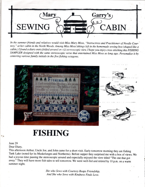 Mary Garry's Sewing Cabin Fishing counted Cross Stitch Pattern chartpack. Fishing Sampler, Gone Fishing Pincushion, Fish Pincushion