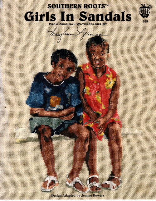 Green Apple Girls in Sandals Counted Cross Stitch Pattern leaflet. Southern Roots.  Watercolors by Mary Ann Reames. Adapted by Jeanne Bowers