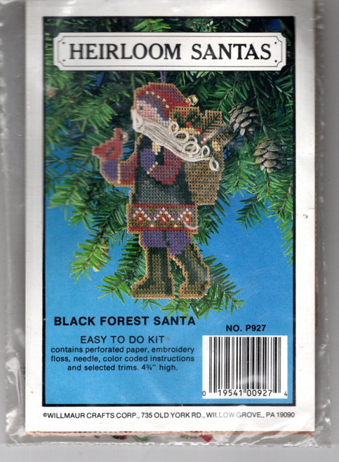 Willmaur HEIRLOOM SANTA Black Forest Santa counted cross stitch perforated paper kit. Kit include perforated paper, thread, charted design, accessories and instructions. This vintage kits is new and unused. These are mini sized, great for ornaments.