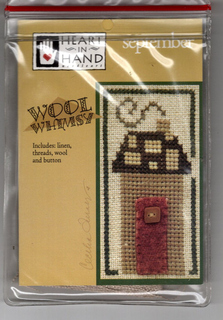 Heart in Hand Wool Whimsy September counted cross stitch pattern kit. Cecilia Turner. Kit includes  Linen, wool piece, threads, button, needle
