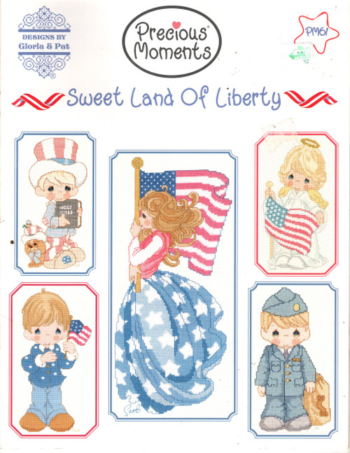 Designs by Gloria & Pat Precious Moments Sweet Land of Liberty Counted Cross Stitch Pattern booklet. Land of the Free Home of the Brave, God Shed His Grace on Thee, God Bless America, America You're Beautiful, Uncle Sam, Marine, Army African-American, Army Girl, Army Boy, Navy, Air Force, Stand Beside Her and Guide Her, Alphabet