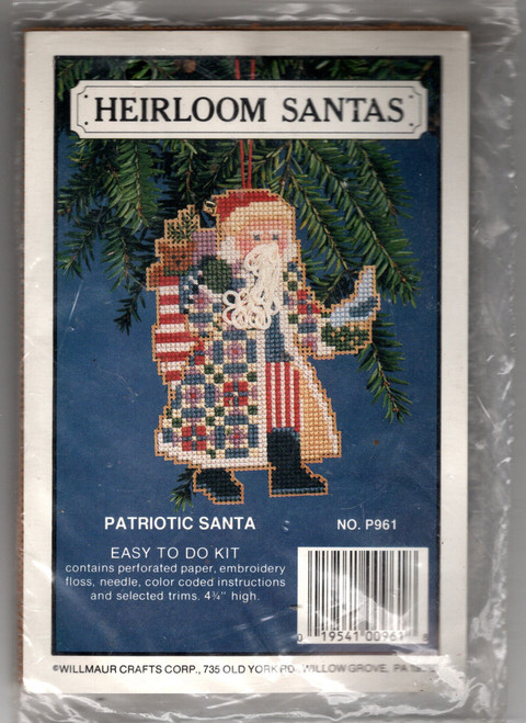 Willmaur HEIRLOOM SANTA Patriotic Santa counted cross stitch perforated paper kit. Kit include perforated paper, thread, charted design, accessories and instructions Willmaur HEIRLOOM SANTA Patriotic Santa counted cross stitch perforated paper kit. Kit include perforated paper, thread, charted design, accessories and instructions