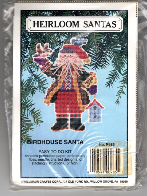 Willmaur HEIRLOOM SANTA Birdhouse Santa counted cross stitch perforated paper kit. Kit include perforated paper, thread, charted design, accessories and instructions. This vintage kits is new and unused. These are mini sized, great for ornaments