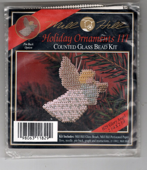 Mill Hill Glory Angel Angel Ornament Counted Cross Stitch Kit. This kit is from the 1992 series. The kit contains Beads, perforated paper, floss, needle, chart and instructions. Pin back option