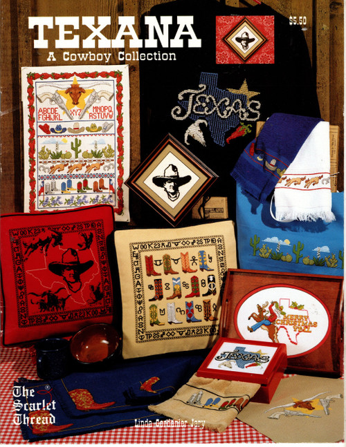 Scarlet Thread Texana A Cowboy Collection counted cross stitch pattern booklet. Linda Gordanier Jary. Texas Shines, Merry Christmas Y'All, Boot Placemat and Napkin, Texas Sampler, Boots and Brands, Cowboy Shadows7