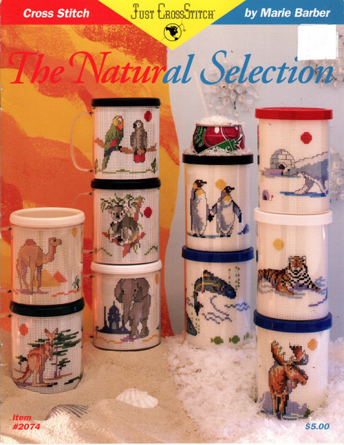 Just Cross Stitch The Natural Selection Counted Cross Stitch Pattern leaflet. Marie Barber. Moose, Siberian Tiger, Elephant, Camel, Polar Bear, Penguins, Parrots, Kangaroo, Koala, Fish