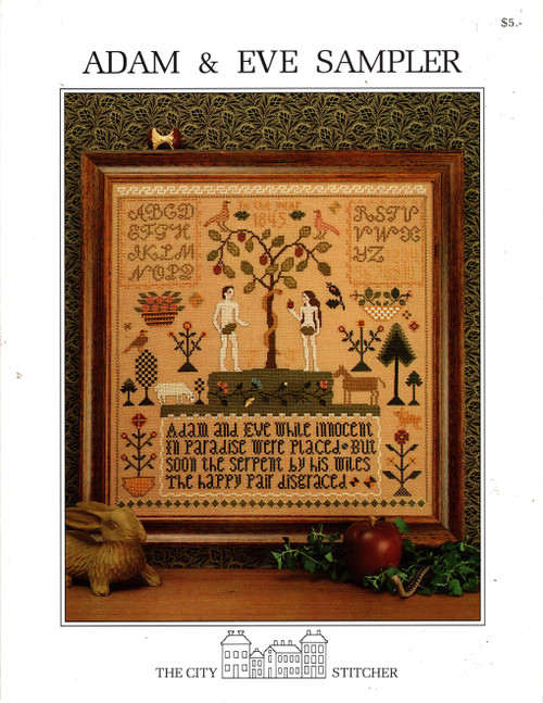 The City Stitcher Adam and Eve Sampler counted cross stitch leaflet. Janet Miller